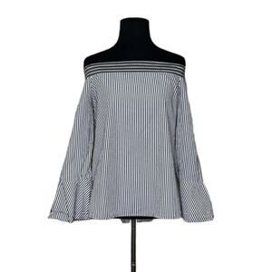 Loft gray white stripes off shoulder 3/4 sleeves blouse size small